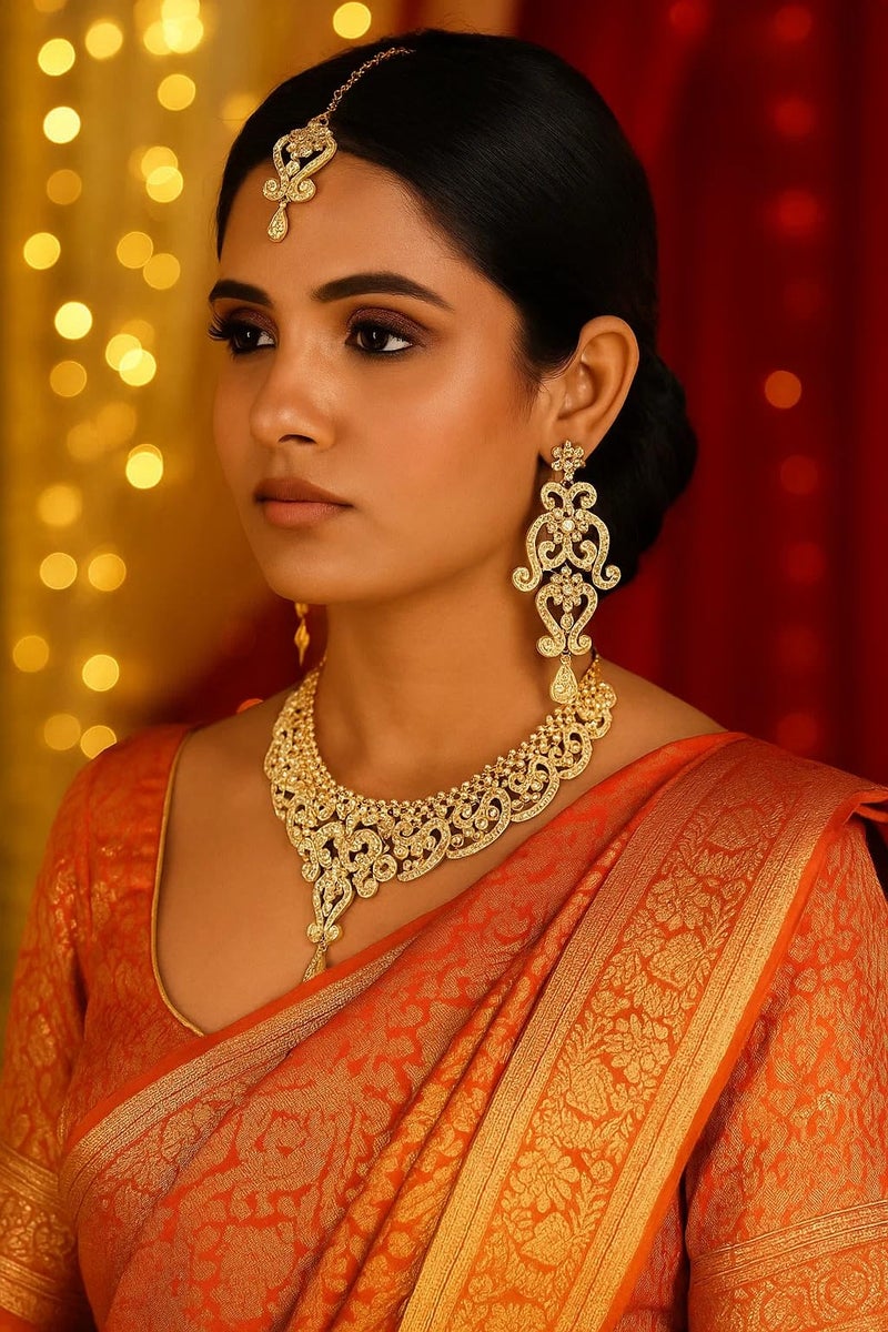 Touchstone Indian jewelry sets for women wedding bridal gold necklace bollywood desi jewellery gift party wear elegant faux pearls statement simple maang tikka bride accessories - Image 4